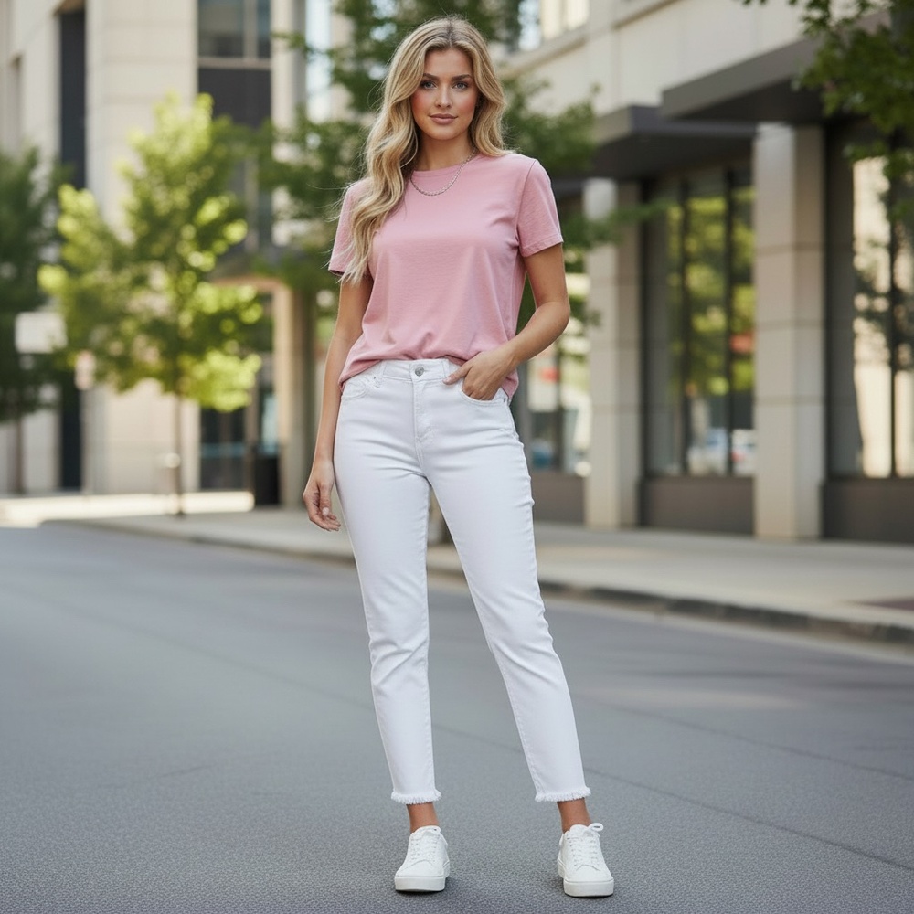 White Cropped Ankle Denim Jeans – Raw Open Hem + Distressed Rips